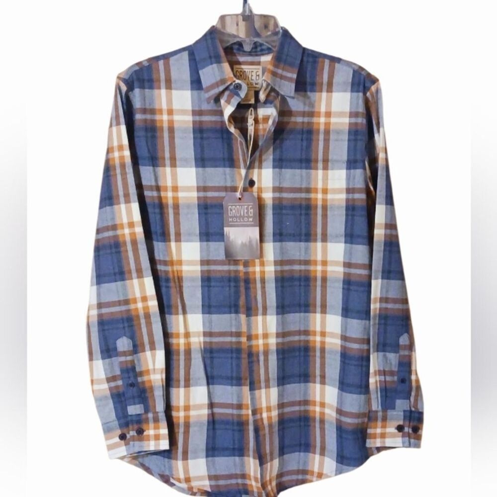 Men's Shirt Button Down Front Blue and Brown Plaid Small NWT Grove & Hollow